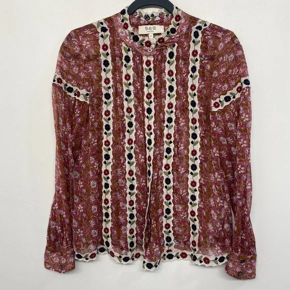 Sea New York Floral Sheer Bella Blouse Embroidered Long Sleeve Women's 4 - Picture 6 of 10